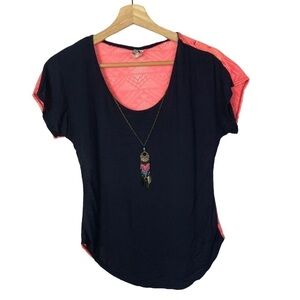 Discreet Navy Blue Neon Pink Lace Back Short Sleeve Blouse S